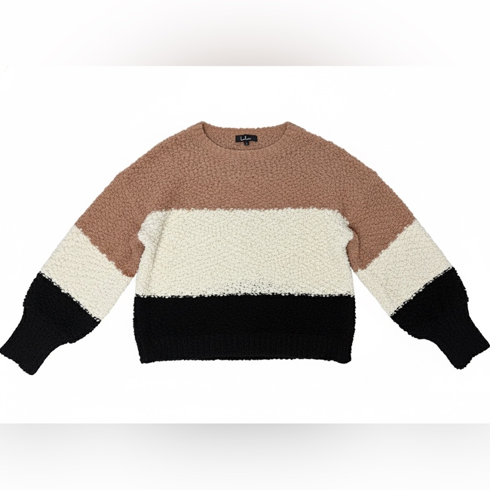 Lulus Colorblock Popcorn Knit Sweater Black Tan M